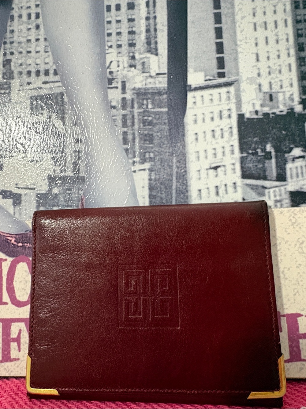 Givenchy Embossed Burgundy Leather Card Holder with Gold Corners